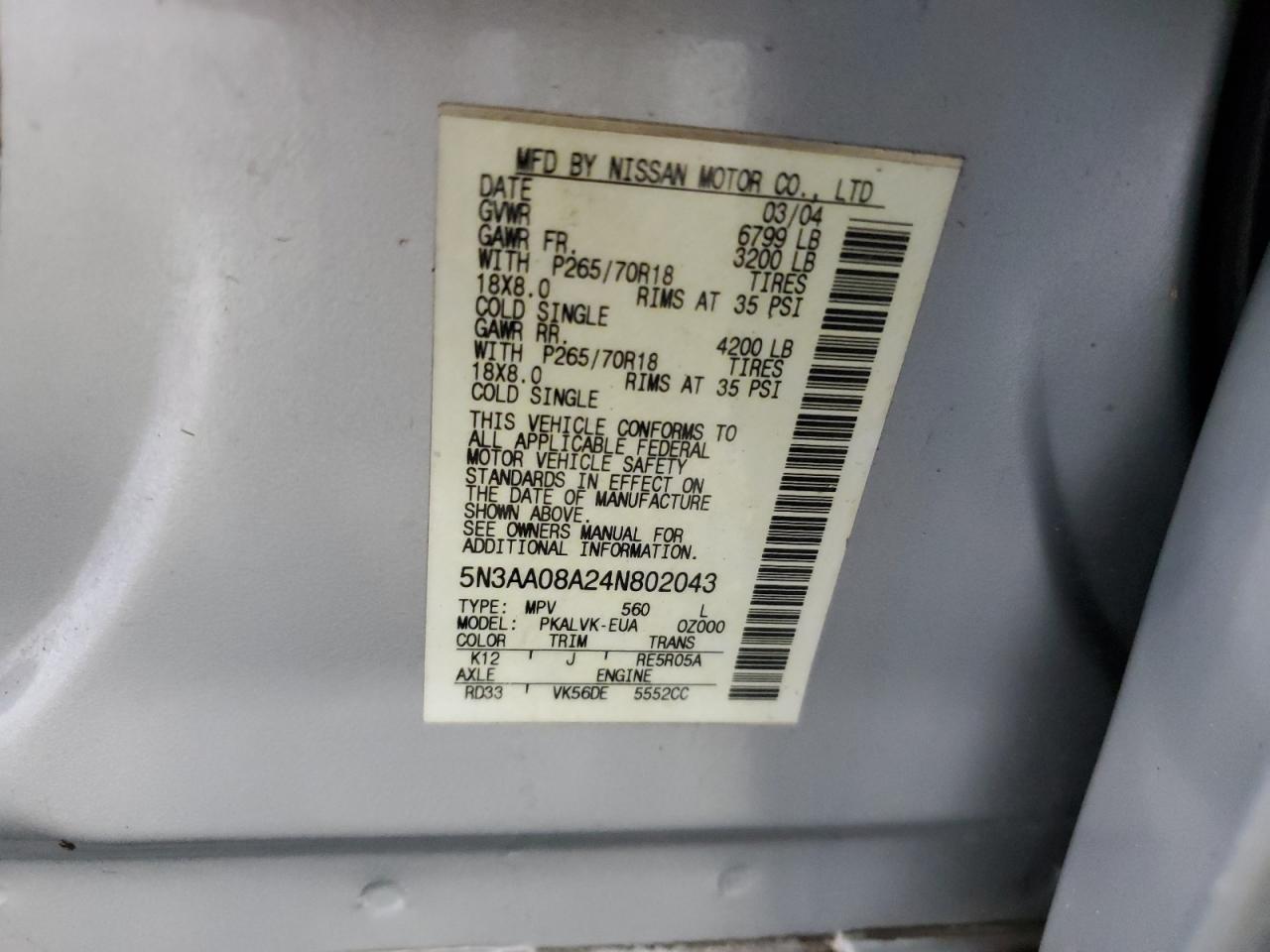 2004 Infiniti Qx56 VIN: 5N3AA08A24N802043 Lot: 57346555
