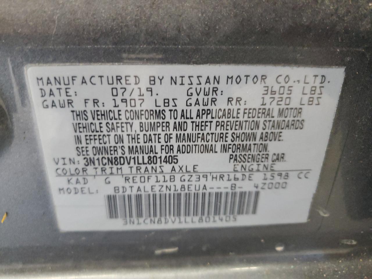 3N1CN8DV1LL801405 2020 Nissan Versa S