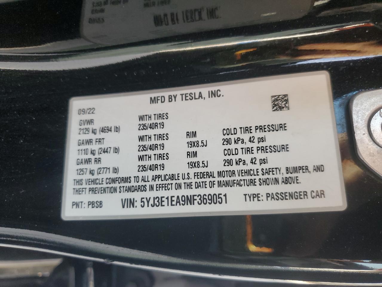 5YJ3E1EA9NF369051 2022 Tesla Model 3