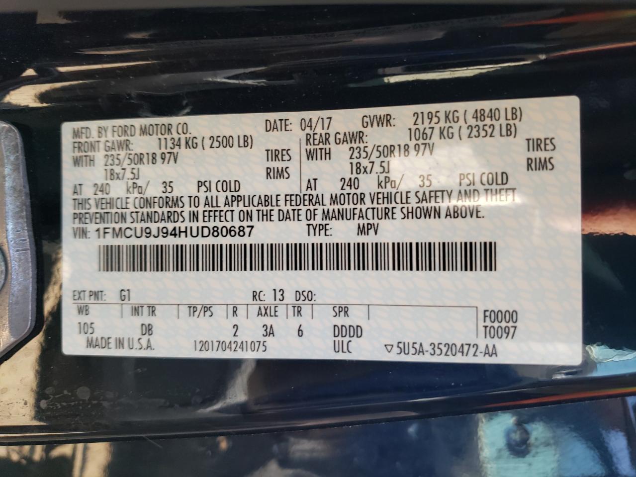 1FMCU9J94HUD80687 2017 Ford Escape Titanium