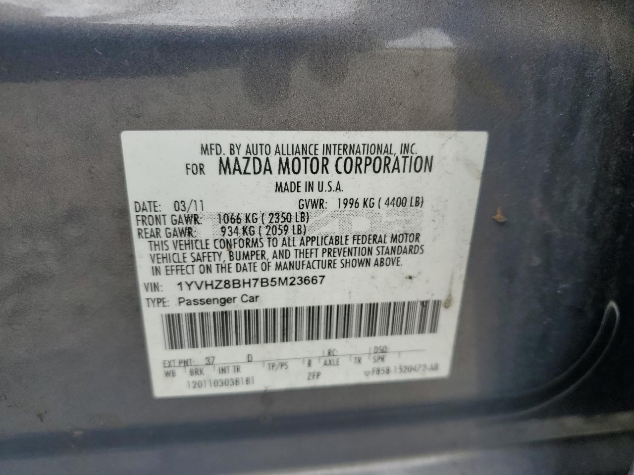 1YVHZ8BH7B5M23667 2011 Mazda 6 I