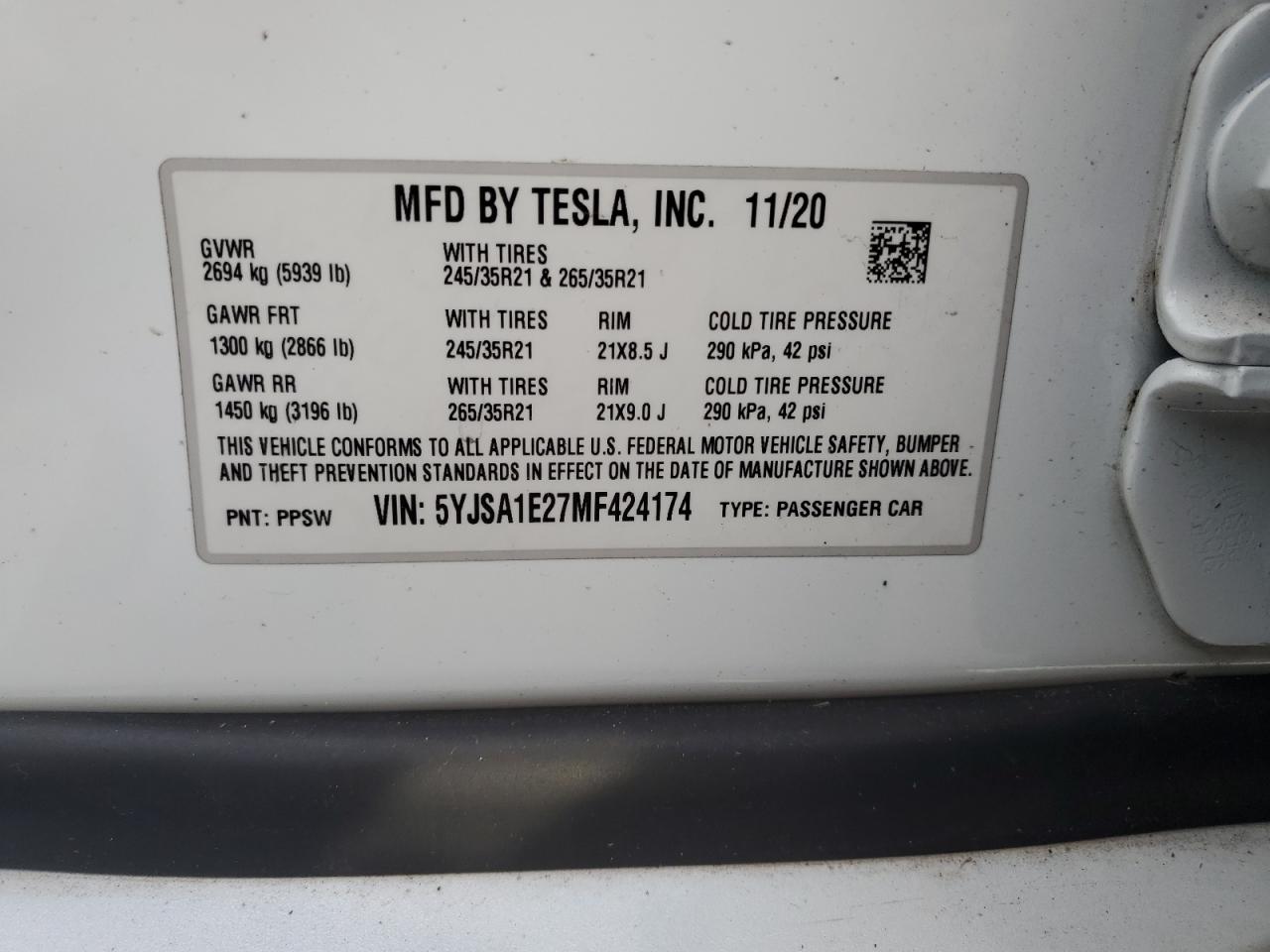 2021 Tesla Model S VIN: 5YJSA1E27MF424174 Lot: 73838604