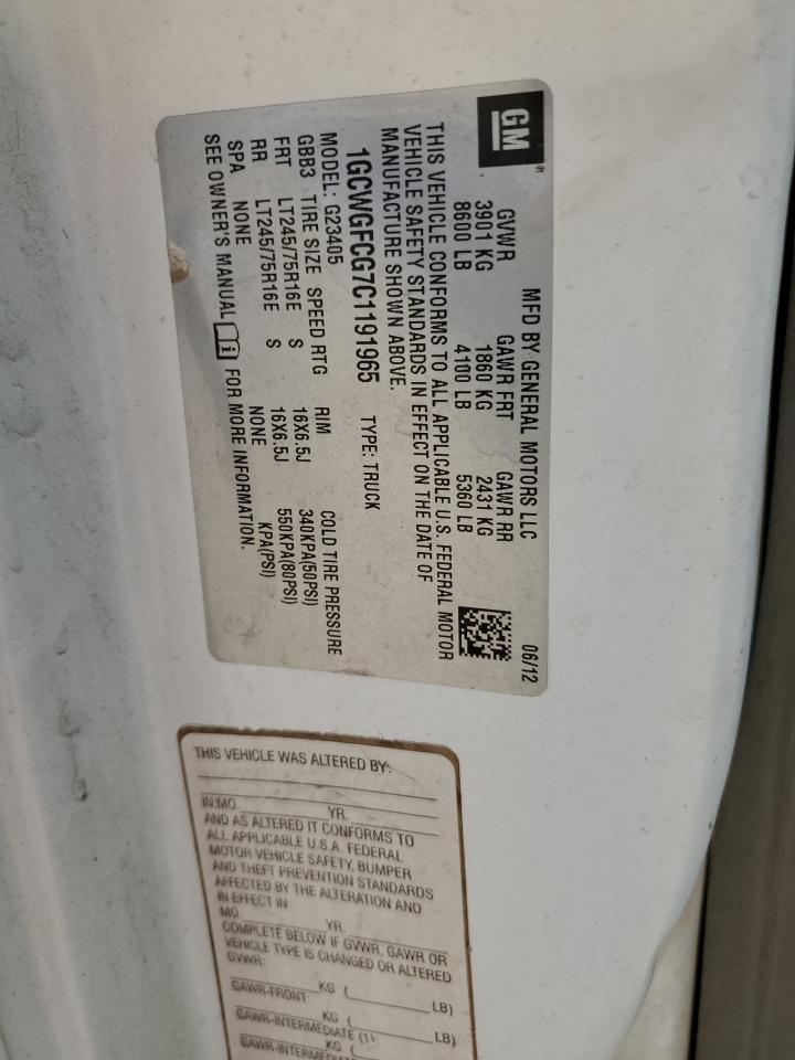 2012 Chevrolet Express G2500 VIN: 1GCWGFCG7C1191965 Lot: 83694584