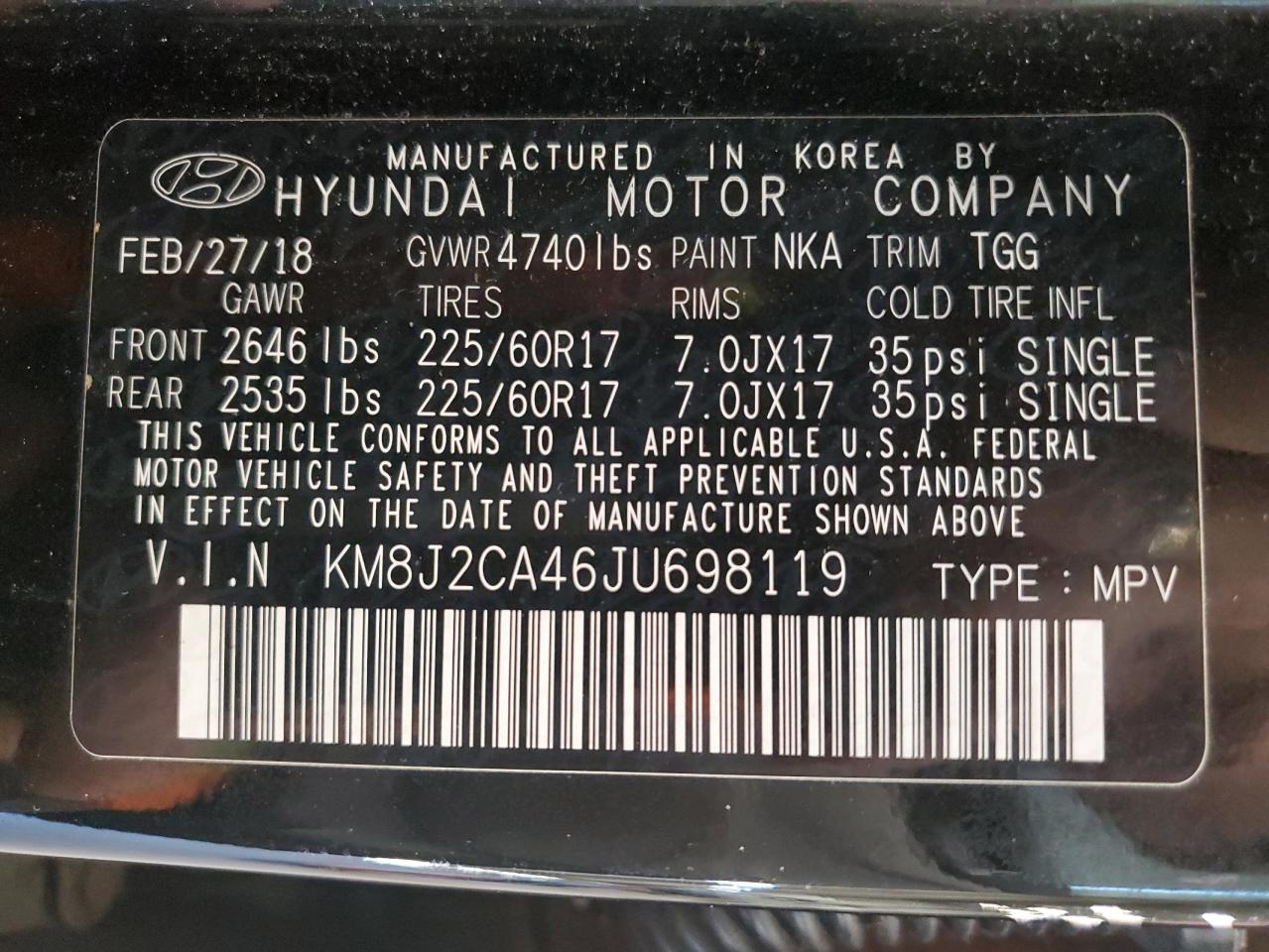 KM8J2CA46JU698119 2018 Hyundai Tucson Se