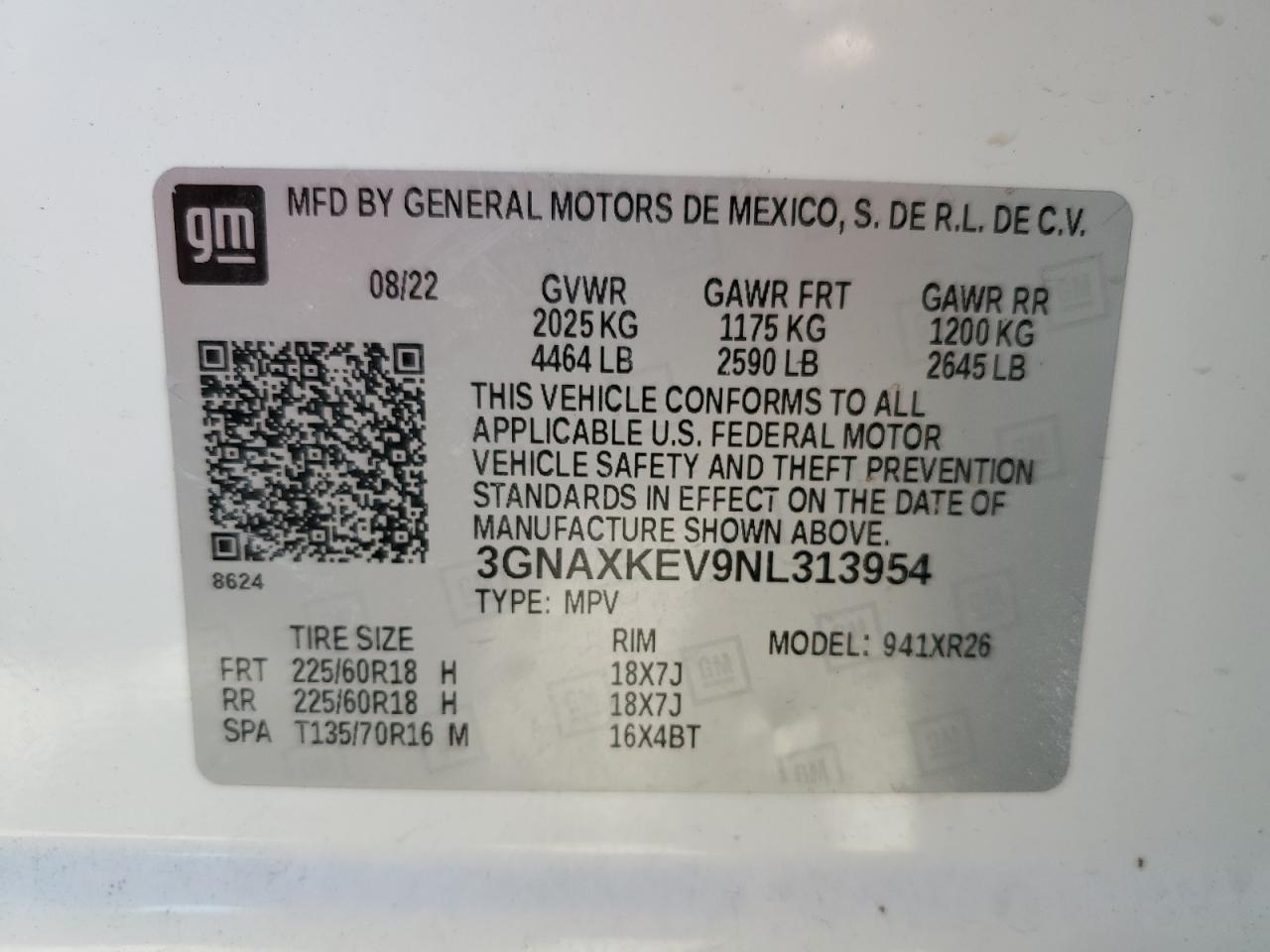 3GNAXKEV9NL313954 2022 Chevrolet Equinox Lt