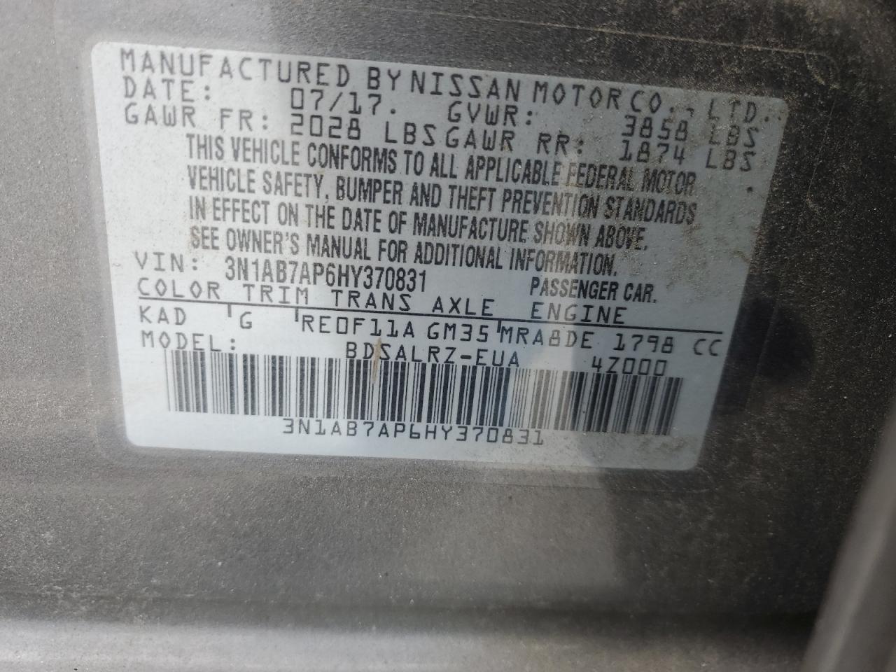 3N1AB7AP6HY370831 2017 Nissan Sentra S