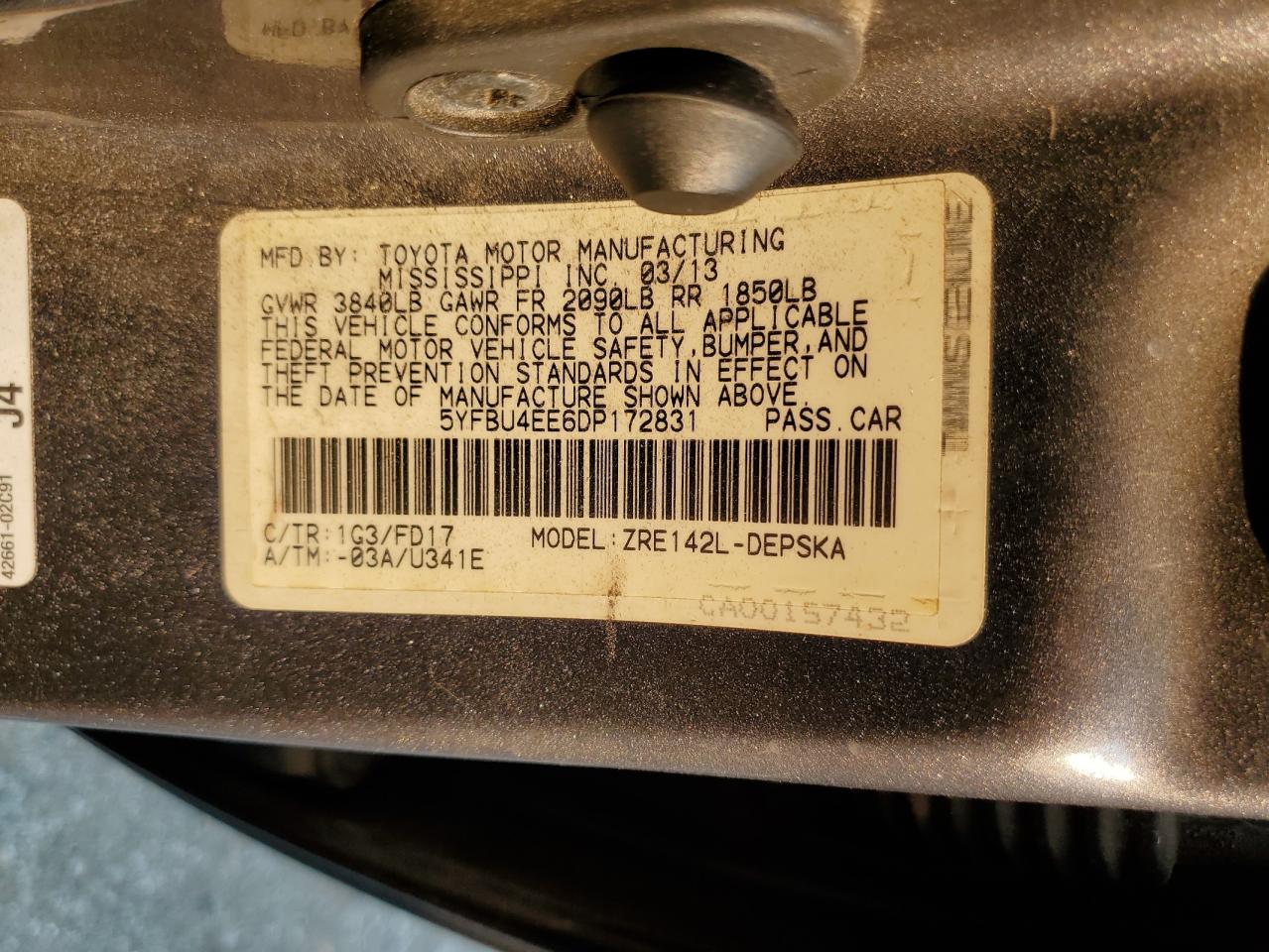 2013 Toyota Corolla Base VIN: 5YFBU4EE6DP172831 Lot: 70530804