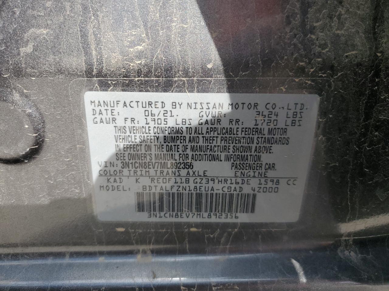 3N1CN8EV7ML892356 2021 Nissan Versa Sv