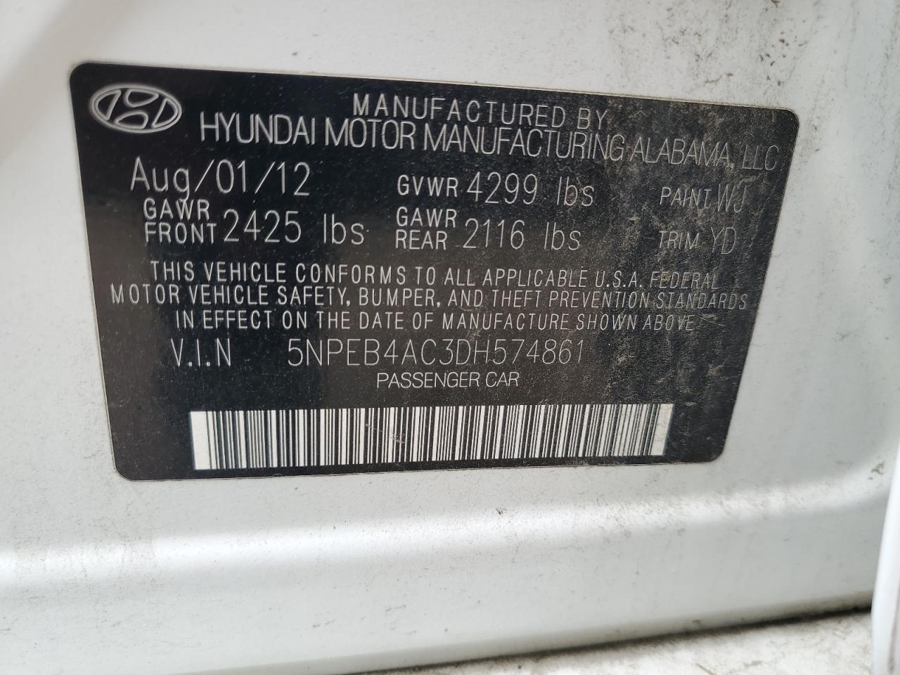 5NPEB4AC3DH574861 2013 Hyundai Sonata Gls