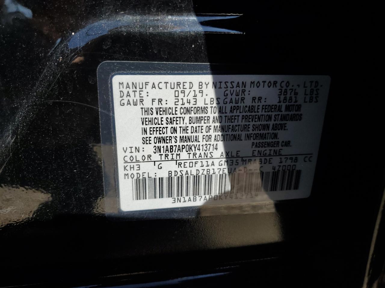 3N1AB7AP0KY413714 2019 Nissan Sentra S