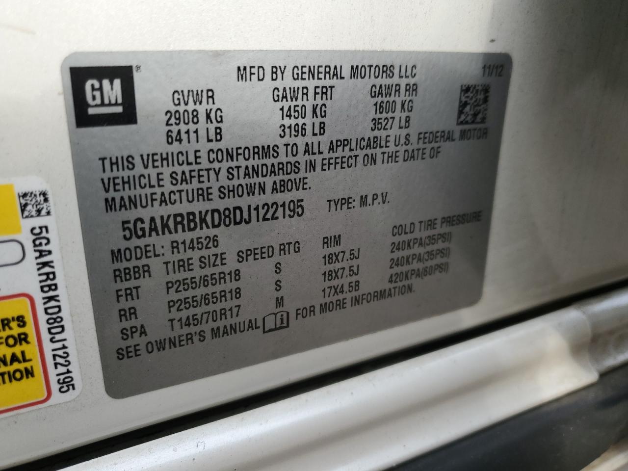 5GAKRBKD8DJ122195 2013 Buick Enclave