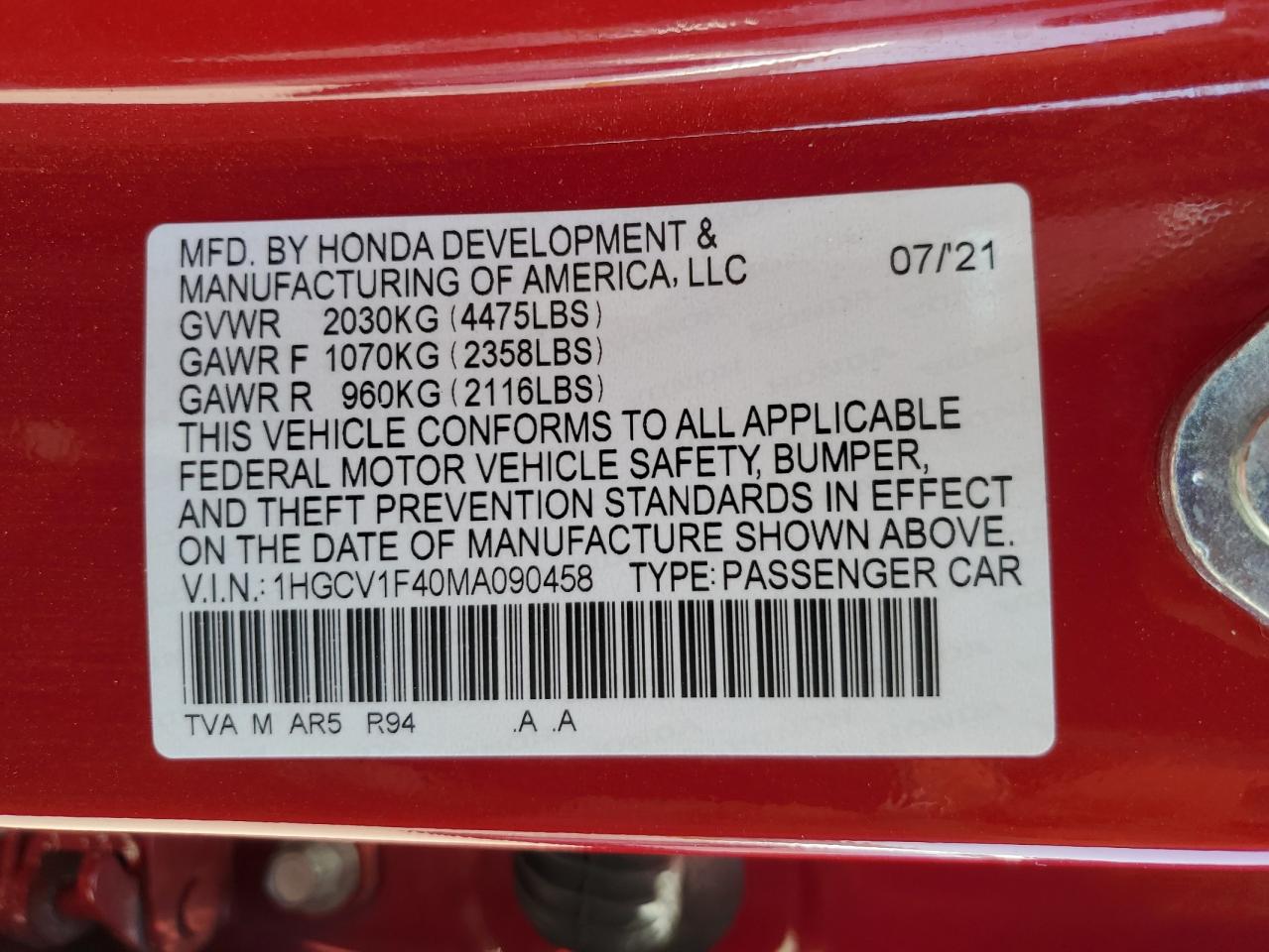 1HGCV1F40MA090458 2021 Honda Accord Sport Se