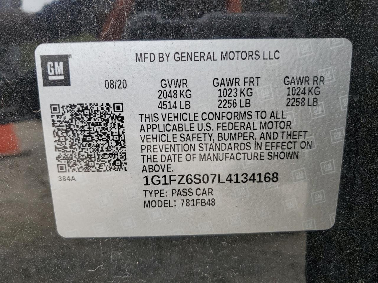 1G1FZ6S07L4134168 2020 Chevrolet Bolt Ev Premier