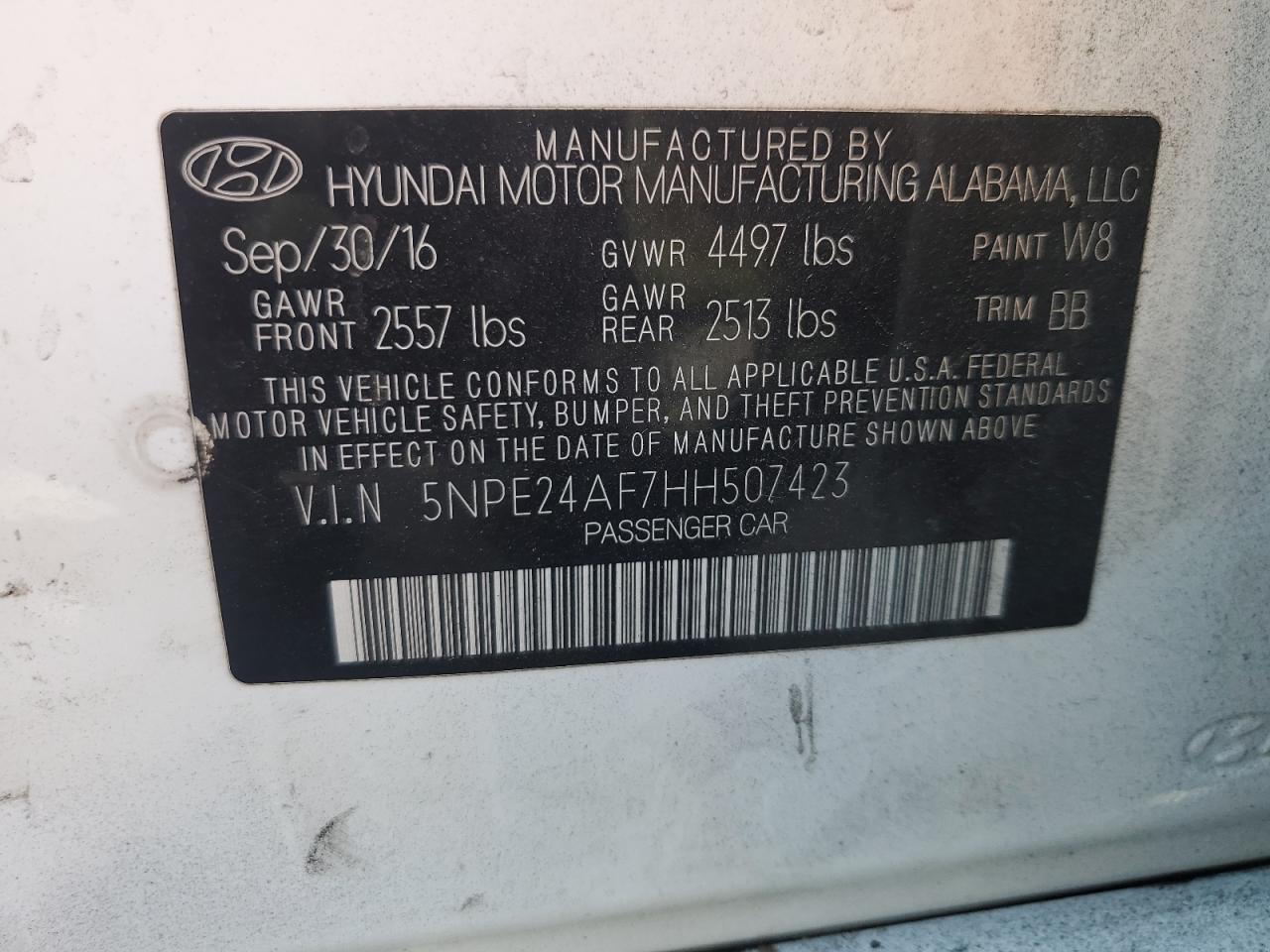 5NPE24AF7HH507423 2017 Hyundai Sonata Se