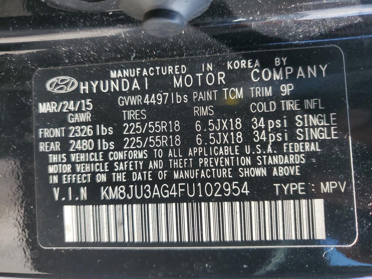 2015 Hyundai Tucson Limited VIN: KM8JU3AG4FU102954 Lot: 73676304