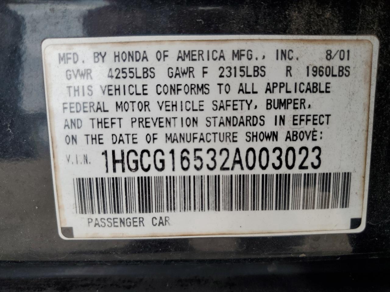 1HGCG16532A003023 2002 Honda Accord Ex