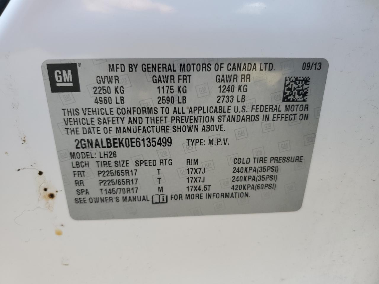 2GNALBEK0E6135499 2014 Chevrolet Equinox Lt