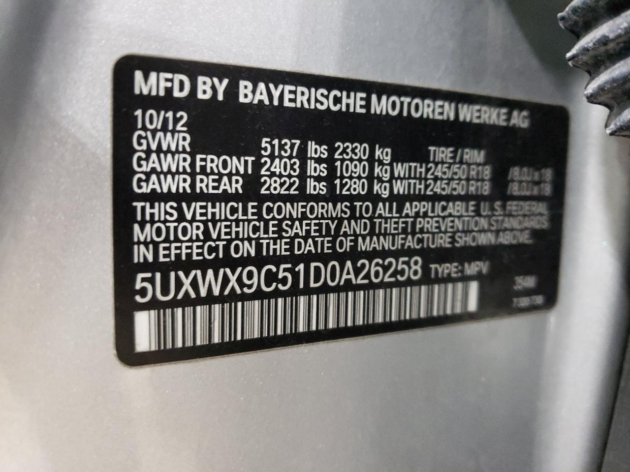 2013 BMW X3 xDrive28I VIN: 5UXWX9C51D0A26258 Lot: 70308994