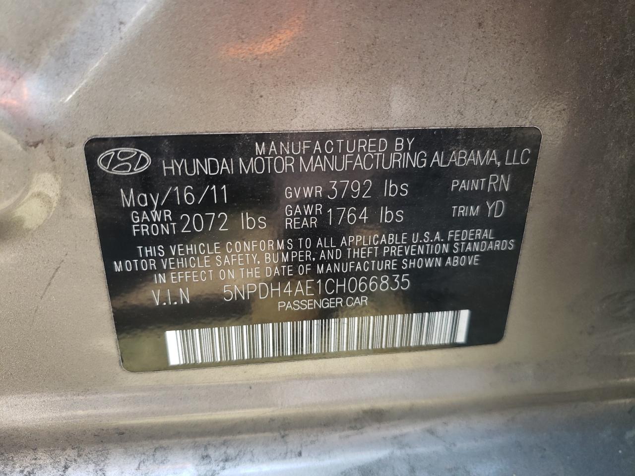 5NPDH4AE1CH066835 2012 Hyundai Elantra Gls