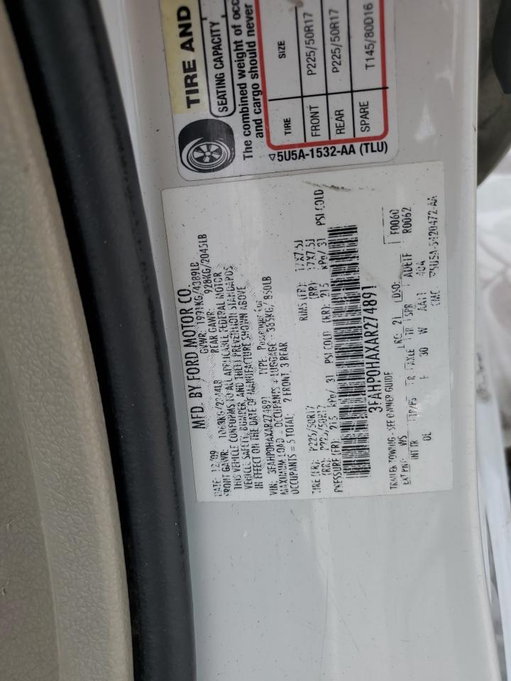 2010 Ford Fusion Se VIN: 3FAHP0HAXAR274891 Lot: 70277924