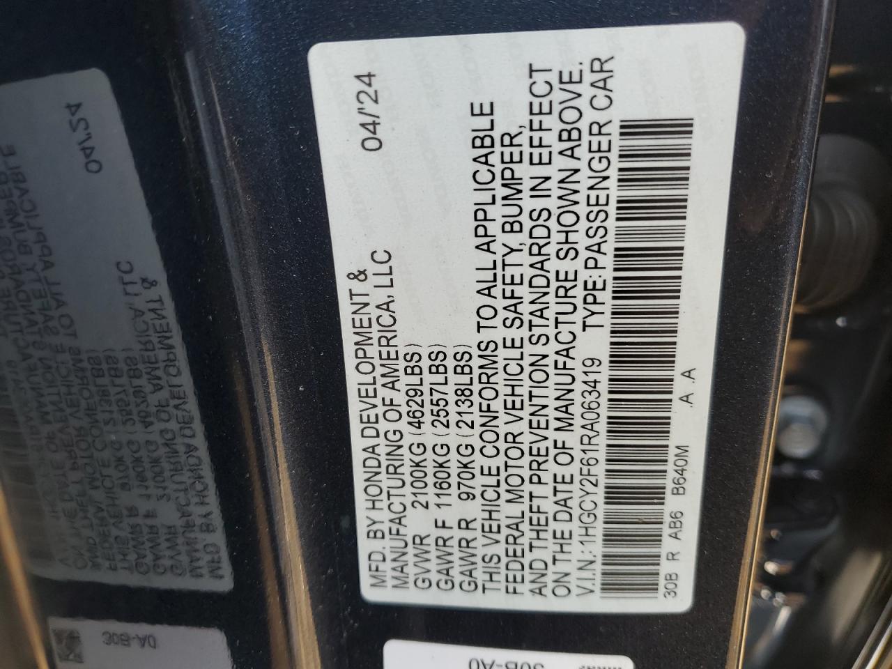 1HGCY2F61RA063419 2024 Honda Accord Hybrid Exl