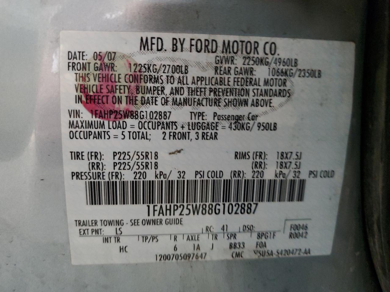 1FAHP25W88G102887 2008 Ford Taurus Limited