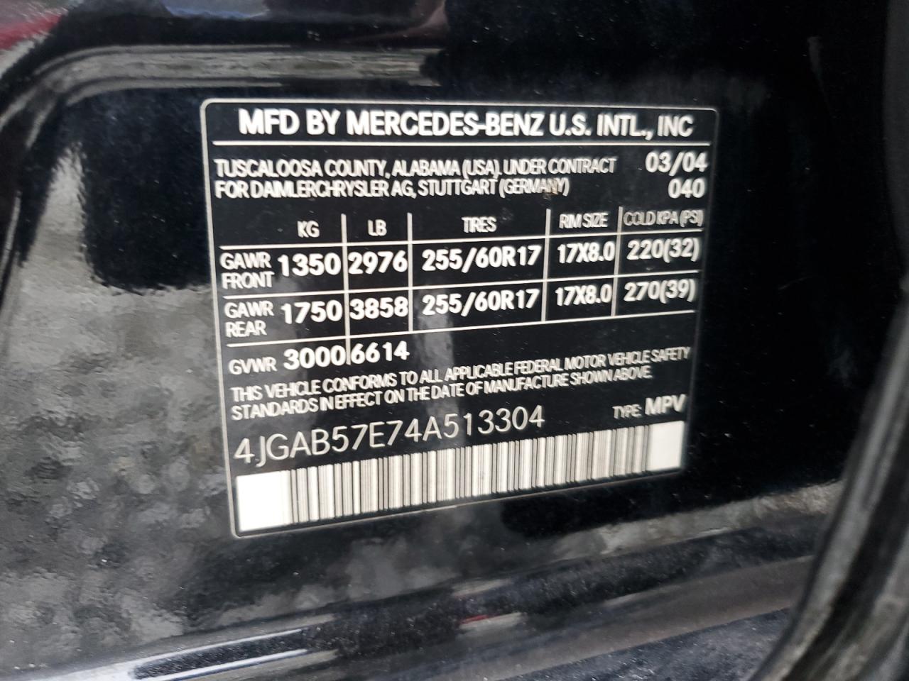 4JGAB57E74A513304 2004 Mercedes-Benz Ml 350