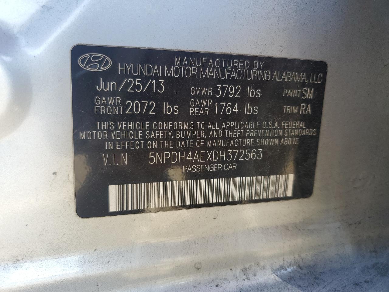 5NPDH4AEXDH372563 2013 Hyundai Elantra Gls