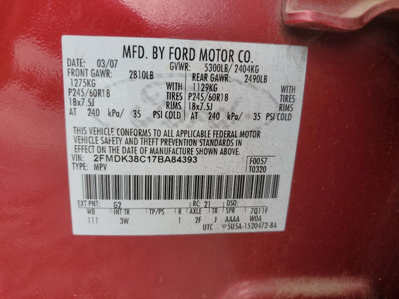 2FMDK38C17BA84393 2007 Ford Edge Sel