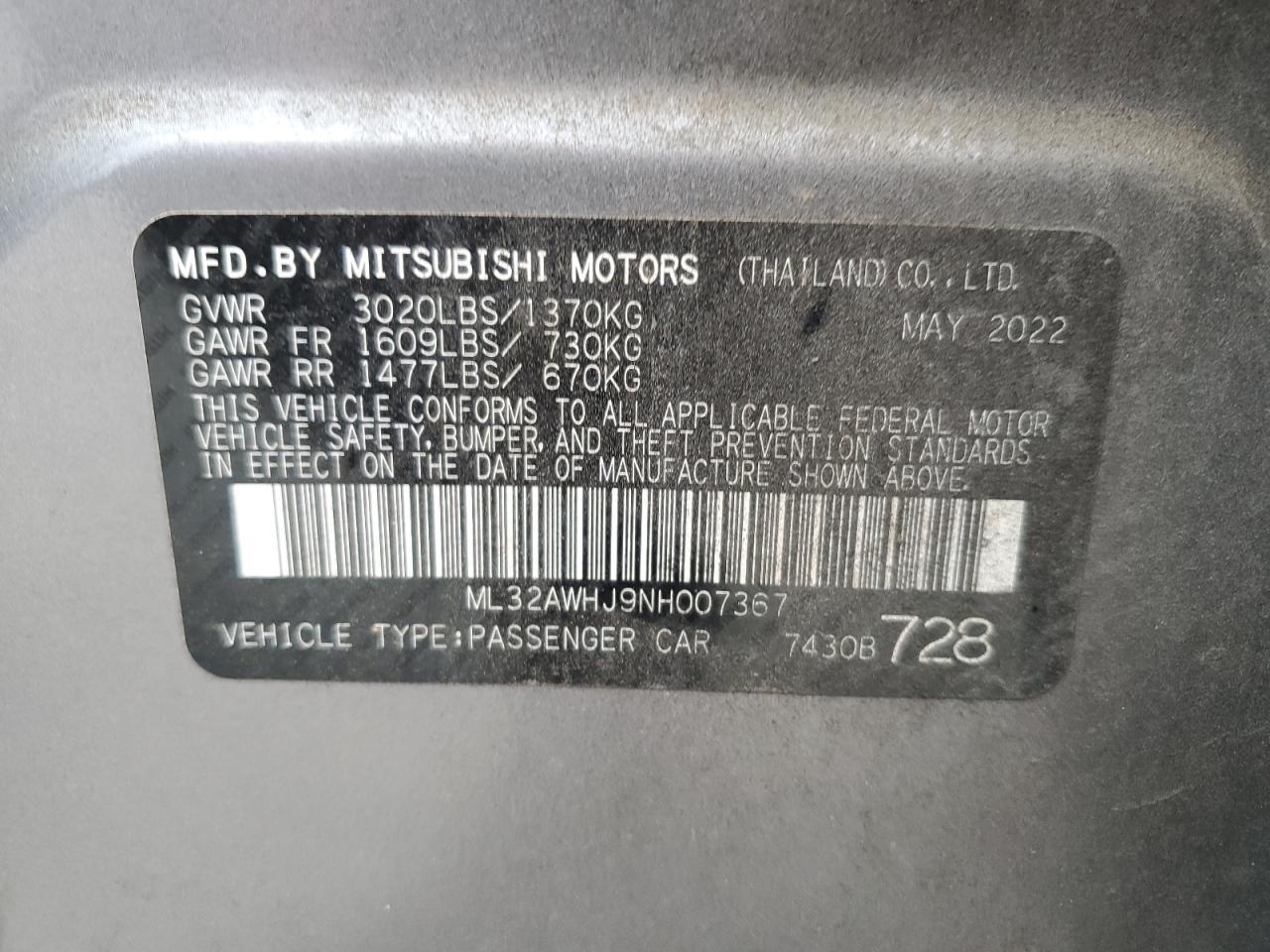 2022 Mitsubishi Mirage Se VIN: ML32AWHJ9NH007367 Lot: 69854874