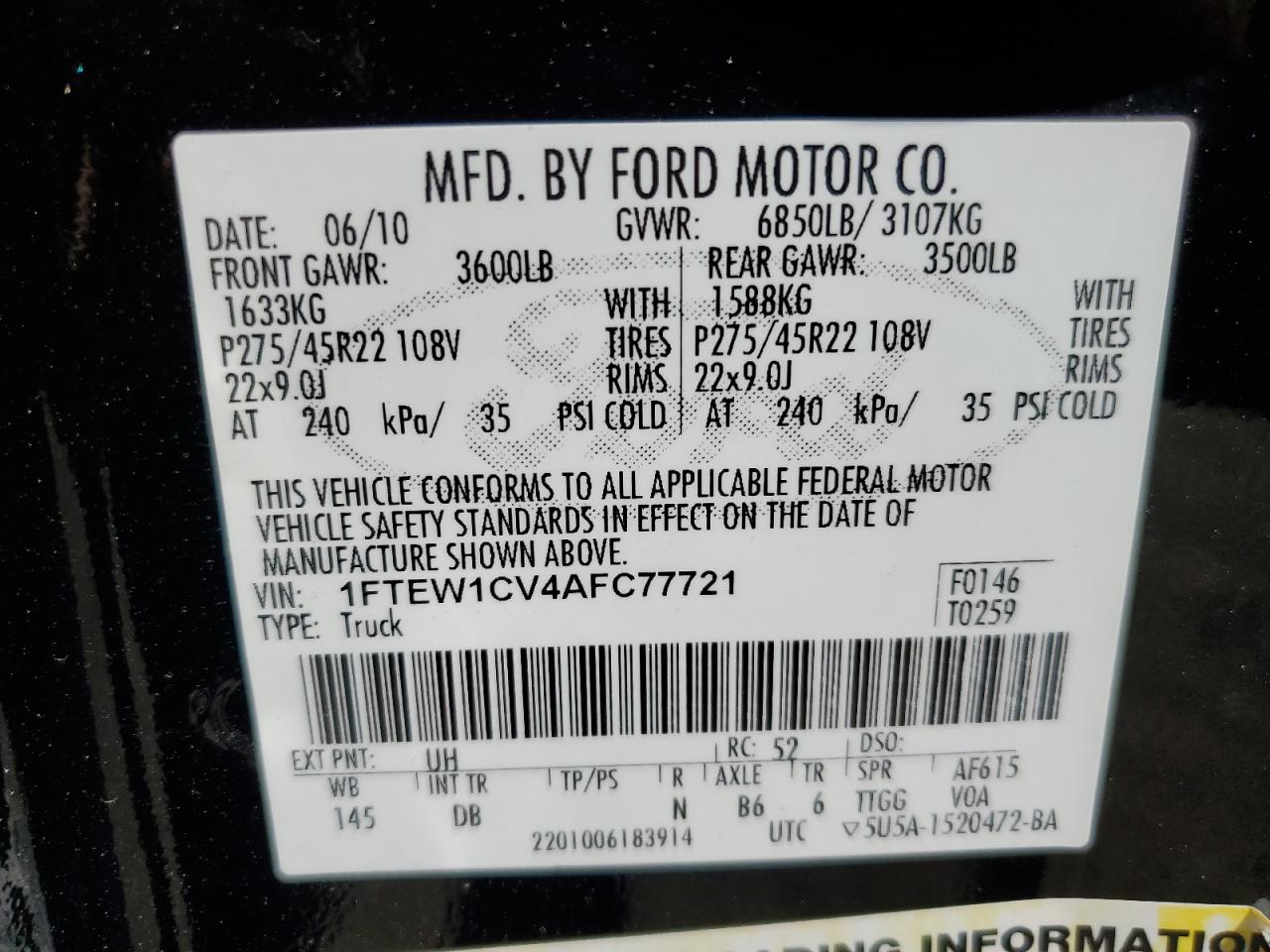 1FTEW1CV4AFC77721 2010 Ford F150 Supercrew