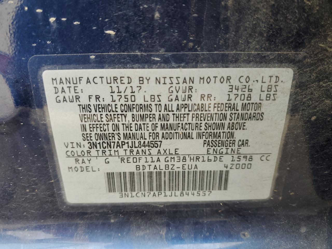 3N1CN7AP1JL844557 2018 Nissan Versa S