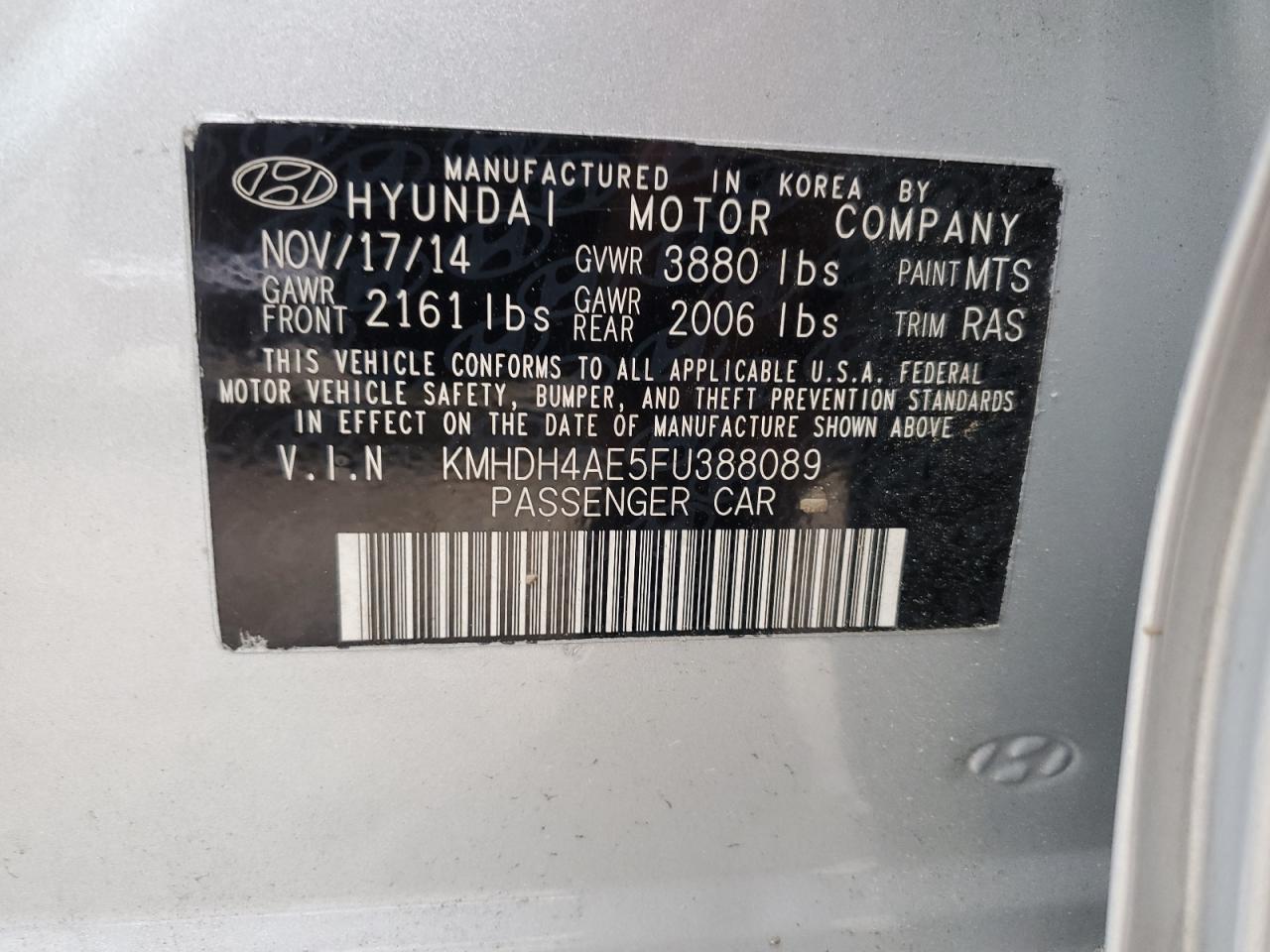 2015 Hyundai Elantra Se VIN: KMHDH4AE5FU388089 Lot: 73163884