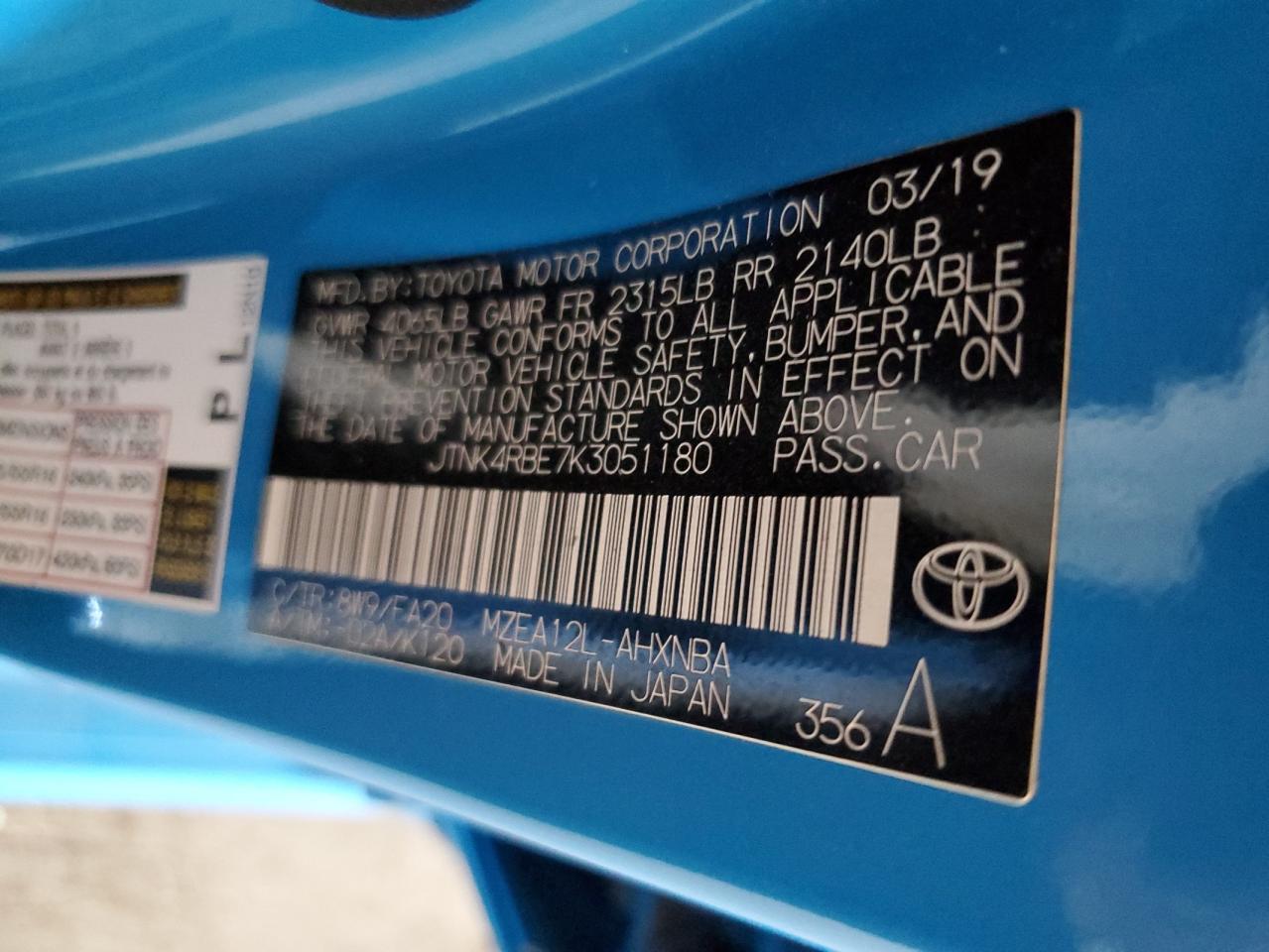 JTNK4RBE7K3051180 2019 Toyota Corolla Se