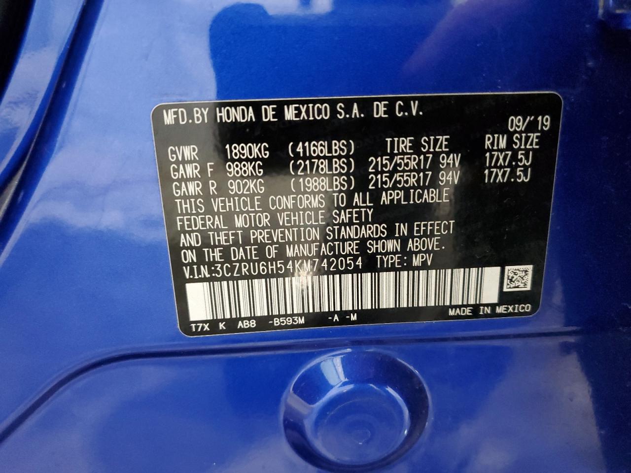 3CZRU6H54KM742054 2019 Honda Hr-V Ex