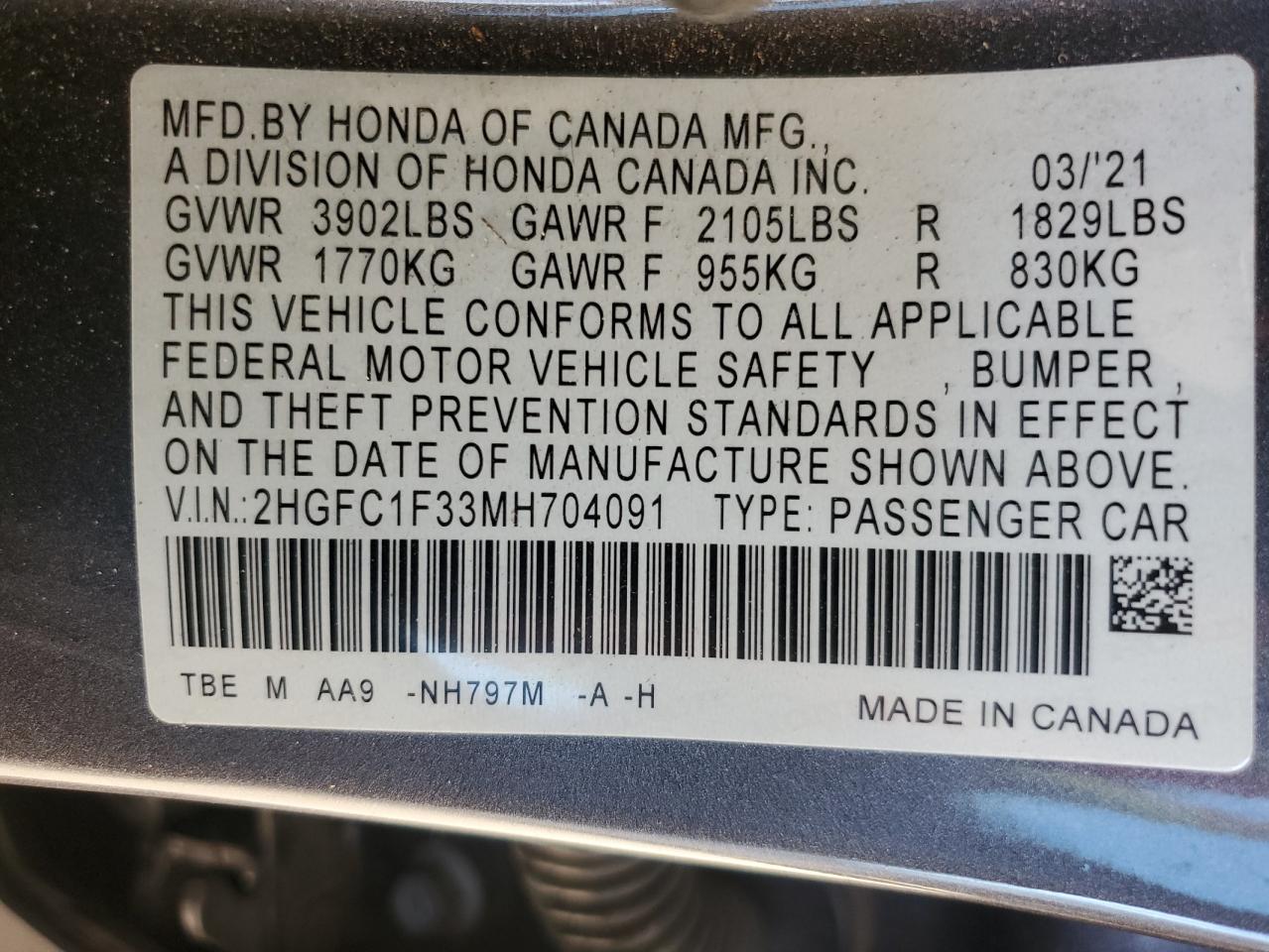 2HGFC1F33MH704091 2021 Honda Civic Ex