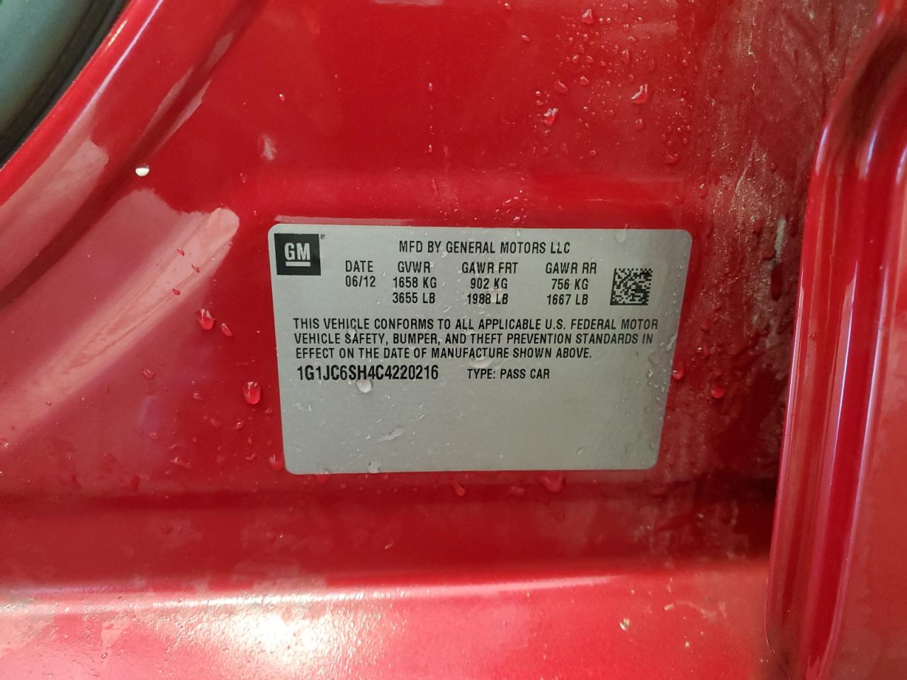 2012 Chevrolet Sonic Lt VIN: 1G1JC6SH4C4220216 Lot: 72939774