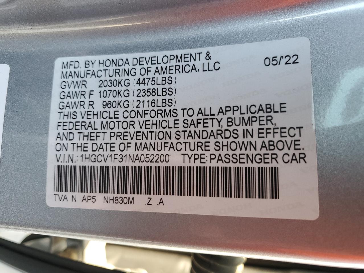 1HGCV1F31NA052200 2022 Honda Accord Sport