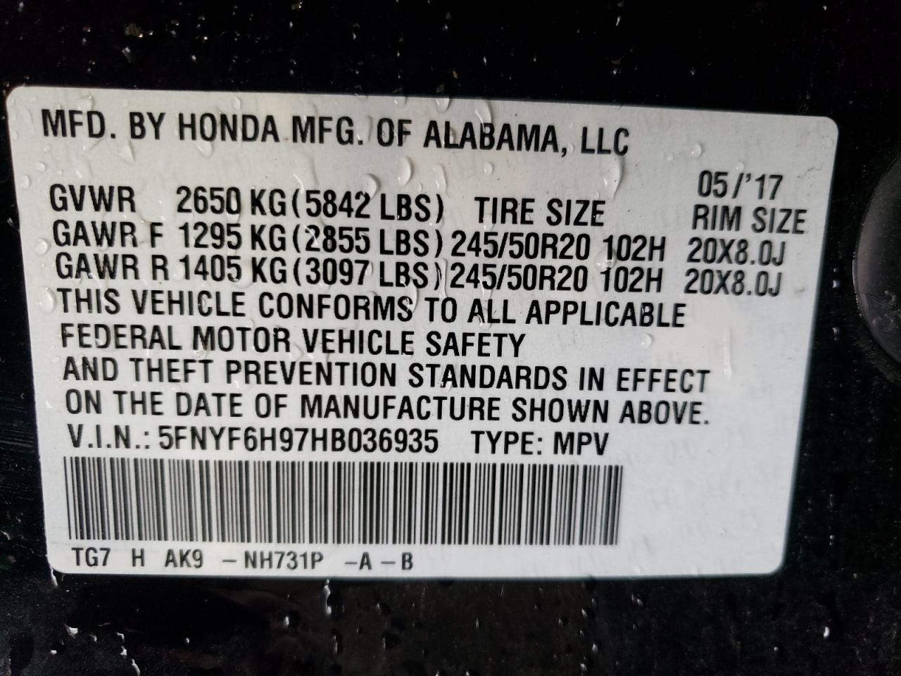 5FNYF6H97HB036935 2017 Honda Pilot Touring