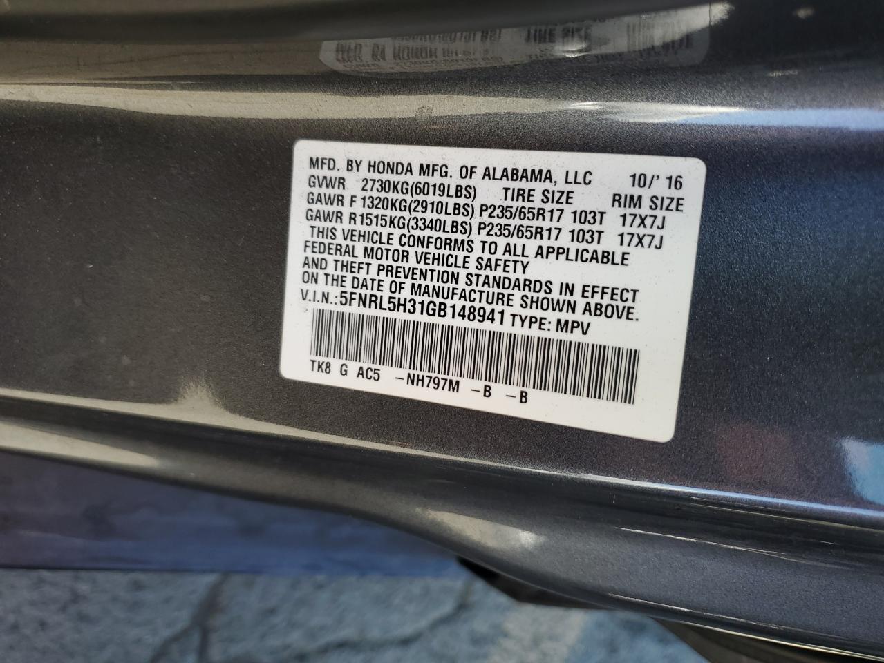 5FNRL5H31GB148941 2016 Honda Odyssey Se