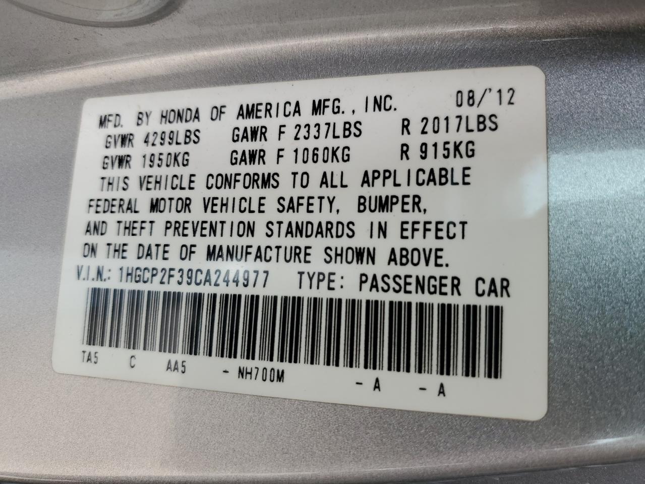 1HGCP2F39CA244977 2012 Honda Accord Lx