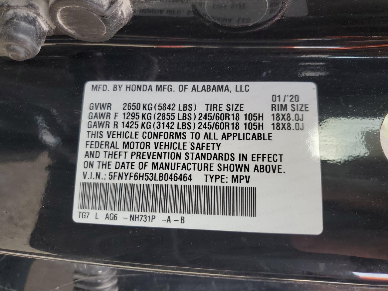 5FNYF6H53LB046464 2020 Honda Pilot Exl