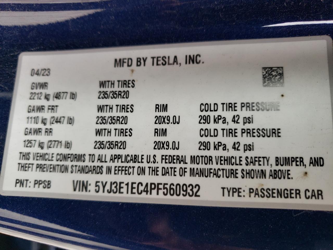 5YJ3E1EC4PF560932 2023 Tesla Model 3