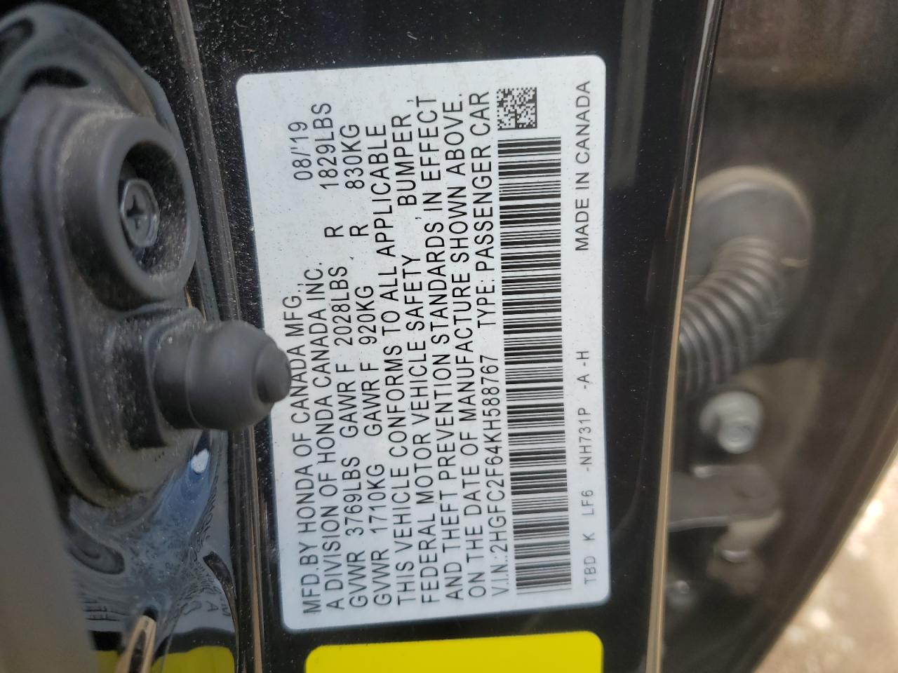 2HGFC2F64KH588767 2019 Honda Civic Lx