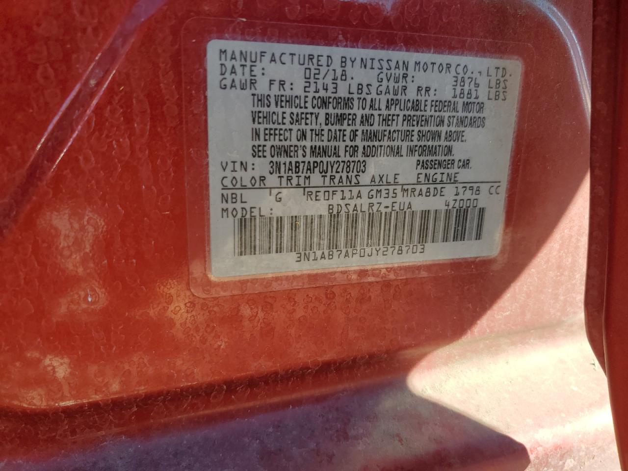 3N1AB7AP0JY278703 2018 Nissan Sentra S