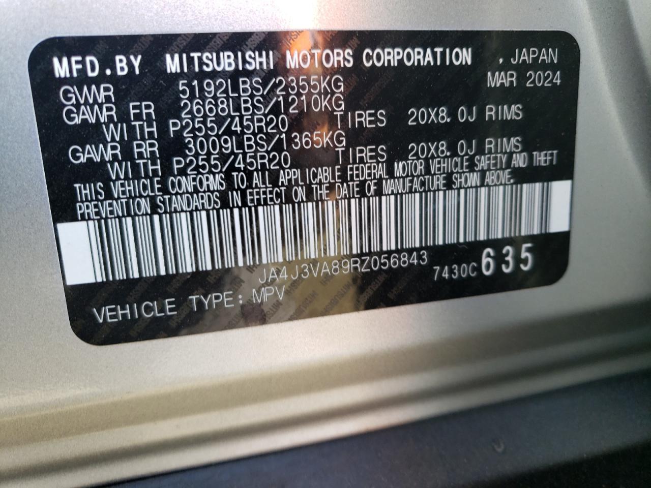 2024 Mitsubishi Outlander Se VIN: JA4J3VA89RZ056843 Lot: 73156034