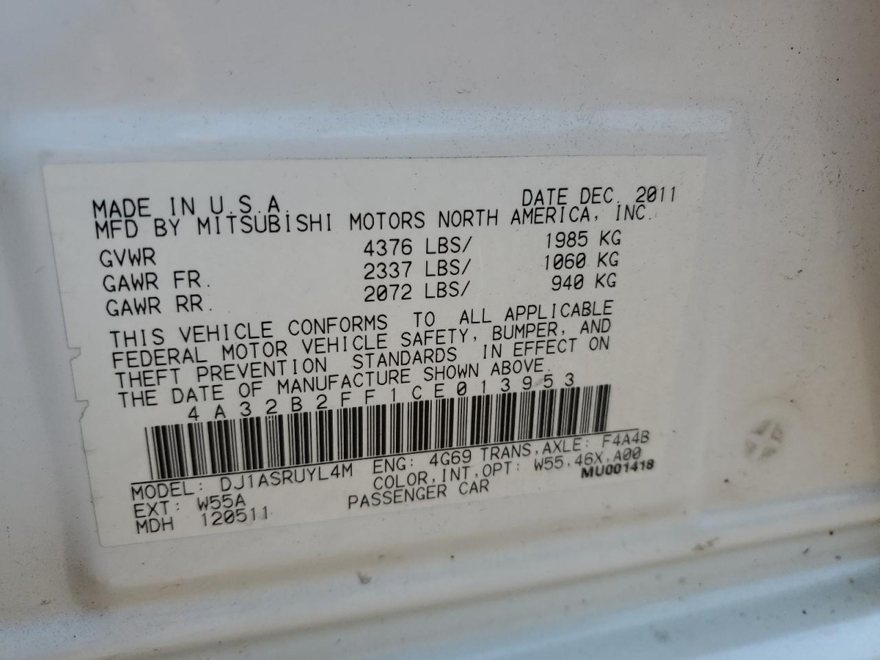 4A32B2FF1CE013953 2012 Mitsubishi Galant Fe