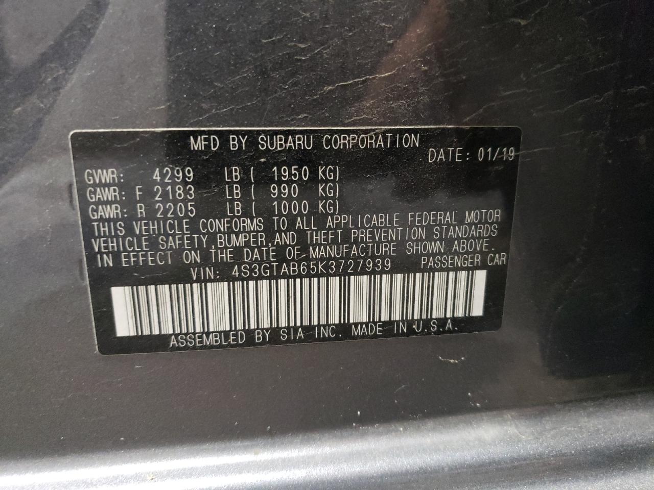 4S3GTAB65K3727939 2019 Subaru Impreza