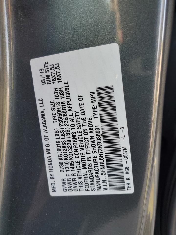 5FNRL6H72KB088931 2019 Honda Odyssey Exl