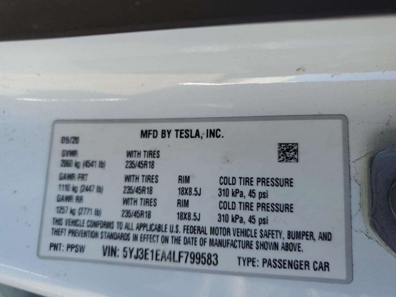 2020 Tesla Model 3 VIN: 5YJ3E1EA4LF799583 Lot: 70874344